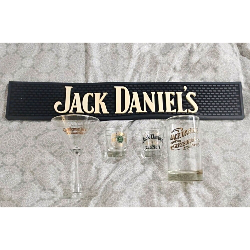 Jack Daniel’s Distillery Advertising Bar Mat w/ Assorted Glassware Lot
